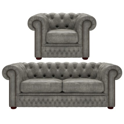 Knightsbridge 3 Seater Sofa and Chair Distressed Grey Black Studs - In Stock from Sofas by Saxon UK