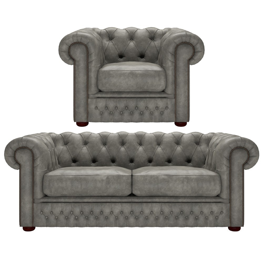 Knightsbridge 3 Seater Sofa and Chair Distressed Grey Black Studs - In Stock from Sofas by Saxon UK